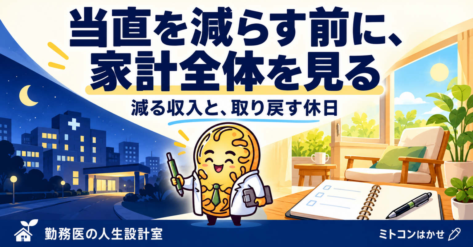 当直を減らす判断。夜の勤務と休日を対比した医師のイラスト